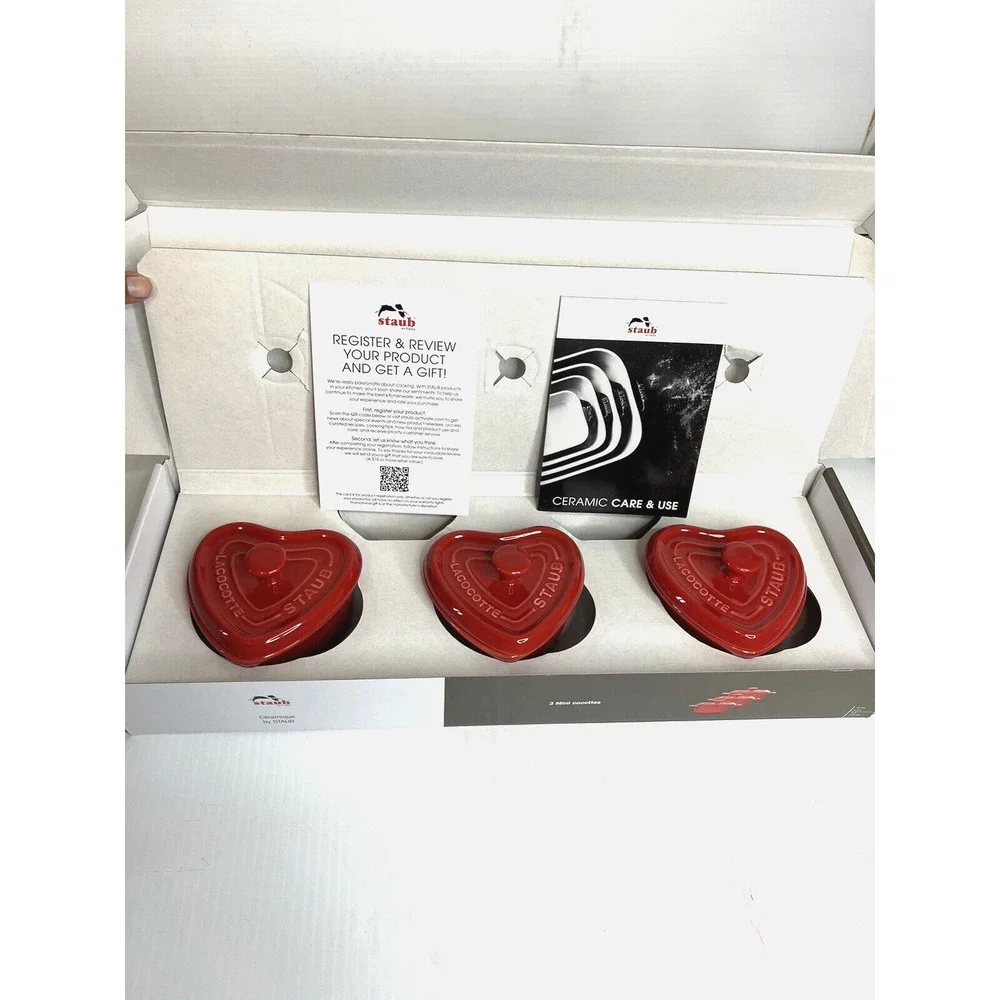 NEW Staub 3 Mini Ceramic Heart Shaped Cocottes Cherry Red with Lids - Picture 1 of 10